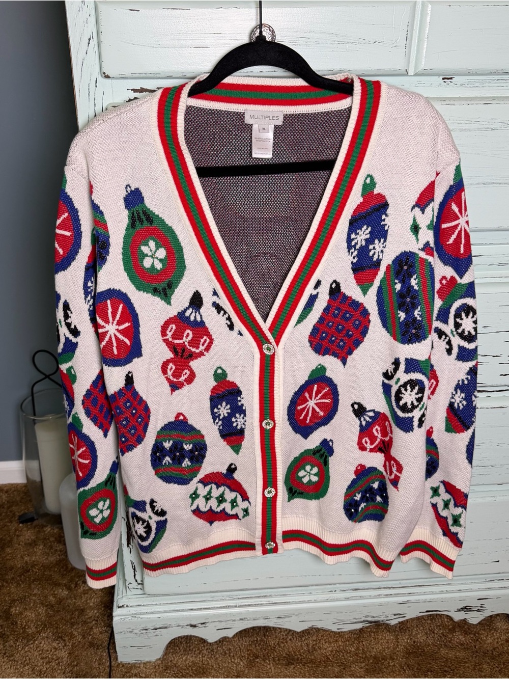 Multiples White Holiday Ornament Cardigan Sweater. Size XL.